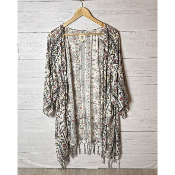 Billabong Kimono Cardigan Size S/M Salty Waves Geometric Aztec Print Fringe Boho - Picture 3 of 16